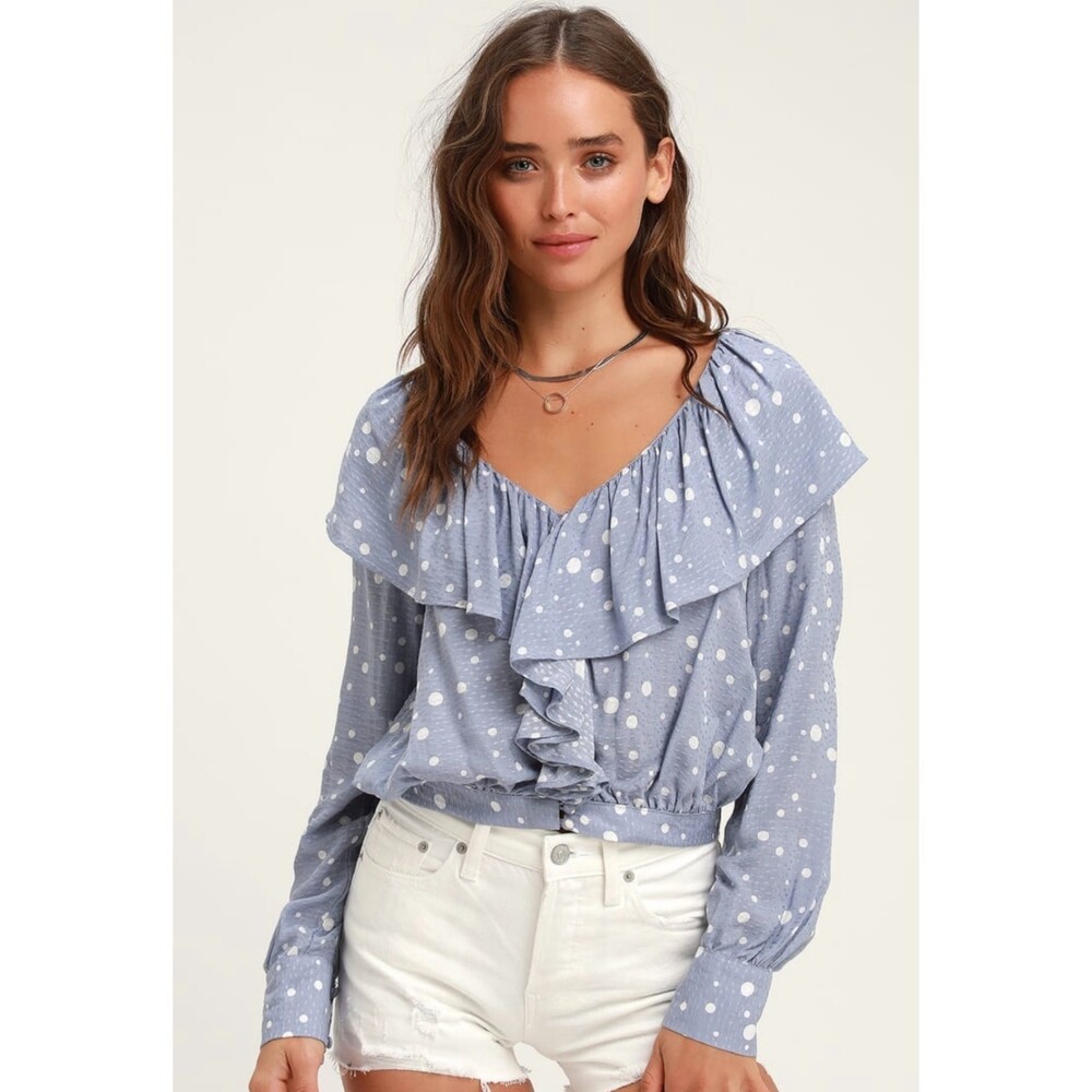 NWT Lulus West End Blue Polka‎ Dot Ruffled Long Sleeve Top Blouse Shirt Size S